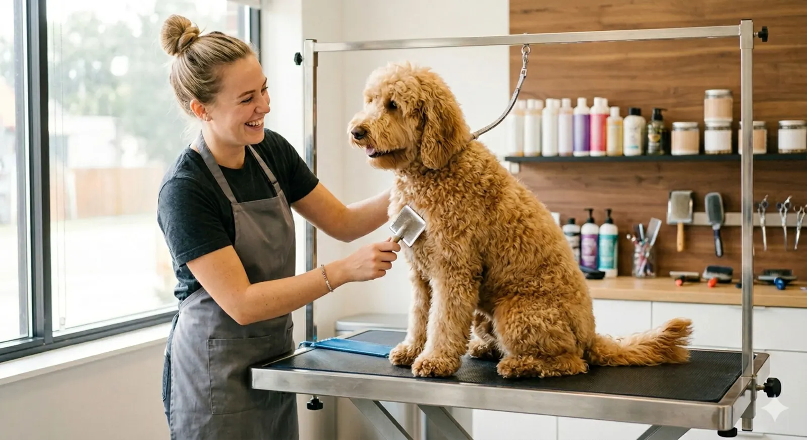 A groomer beside a curly-coated dog on a salon table